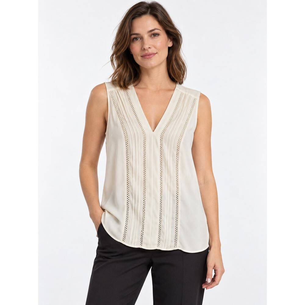Ann Taylor Ivory Sleeveless V Neck Pintuck Lace Blouse Small